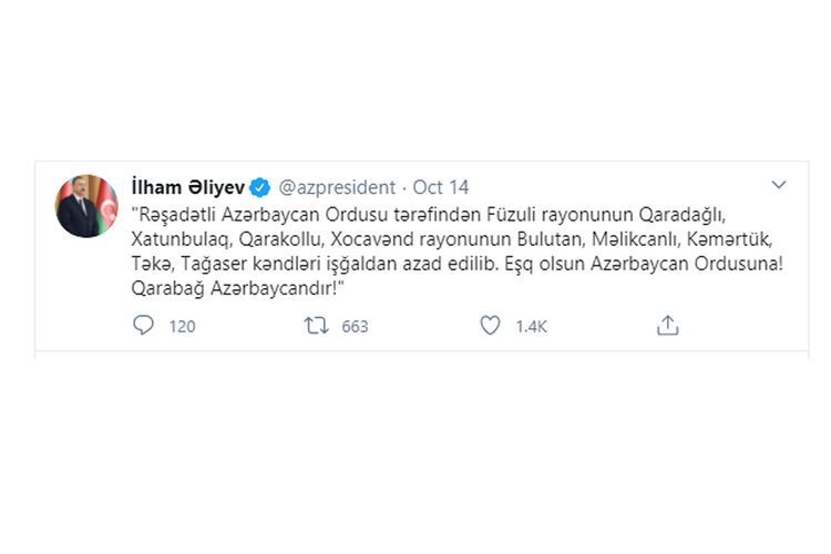 Azərbaycan Prezidenti: "Daha səkkiz kənd işğaldan azad edilib" - SİYAHI