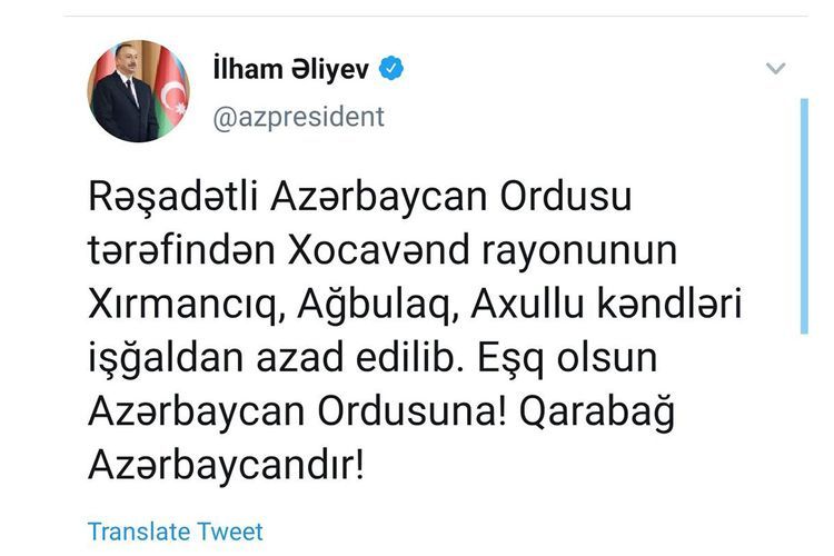 "Daha 3 kənd işğaldan azad edilib" - Azərbaycan Prezidenti