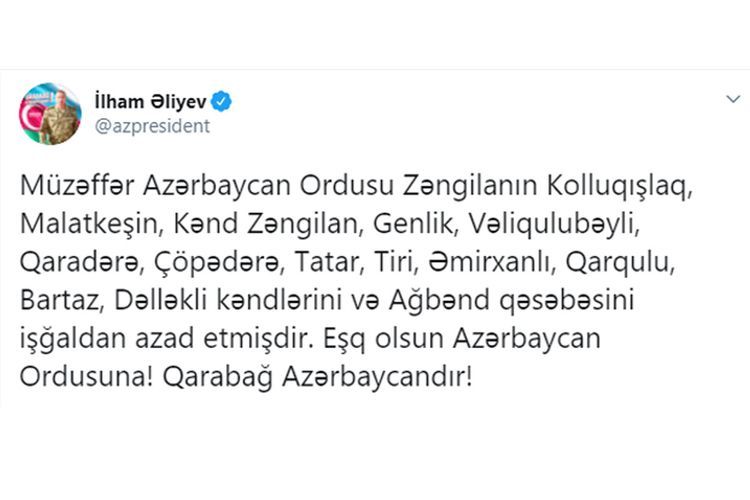 Zəngilanın daha 13 kəndi və bir qəsəbəsi işğaldan azad olundu